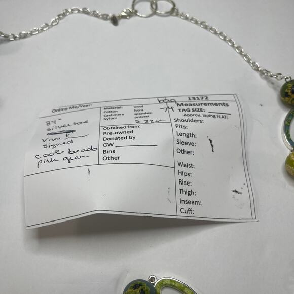 Viva Beads silver necklace silver tone green clay beads signed chunky beaded - Picture 11 of 11